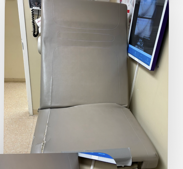 Medical exam table, reupholstered on-site – before